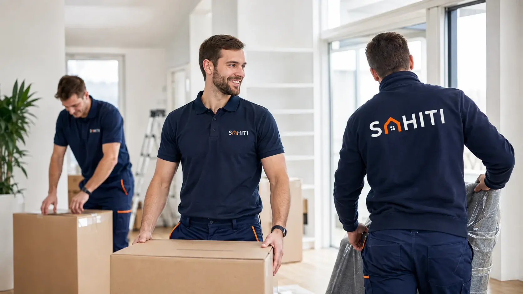 Team von SAHITI mit Umzugskartons in einer hellen Wohnung
