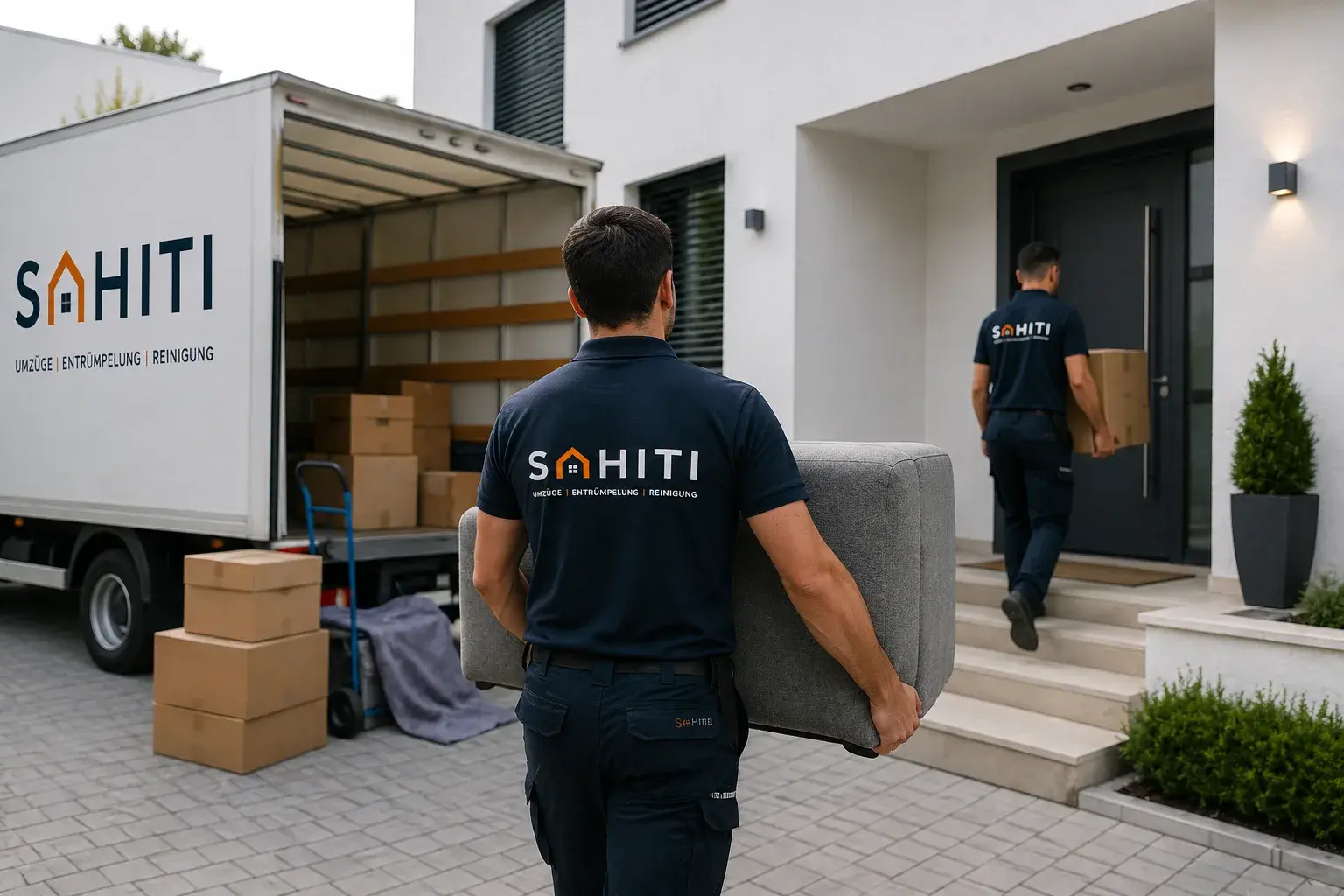 Transporter von SAHITI vor einem Einfamilienhaus beim Möbeltransport